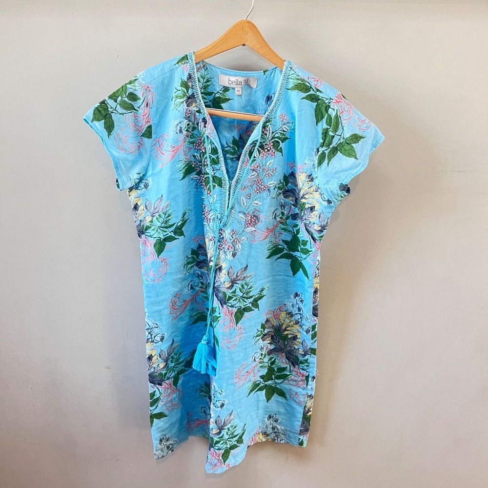 Bella Light Blue Floral Mini Dress with Tassel V-Neck